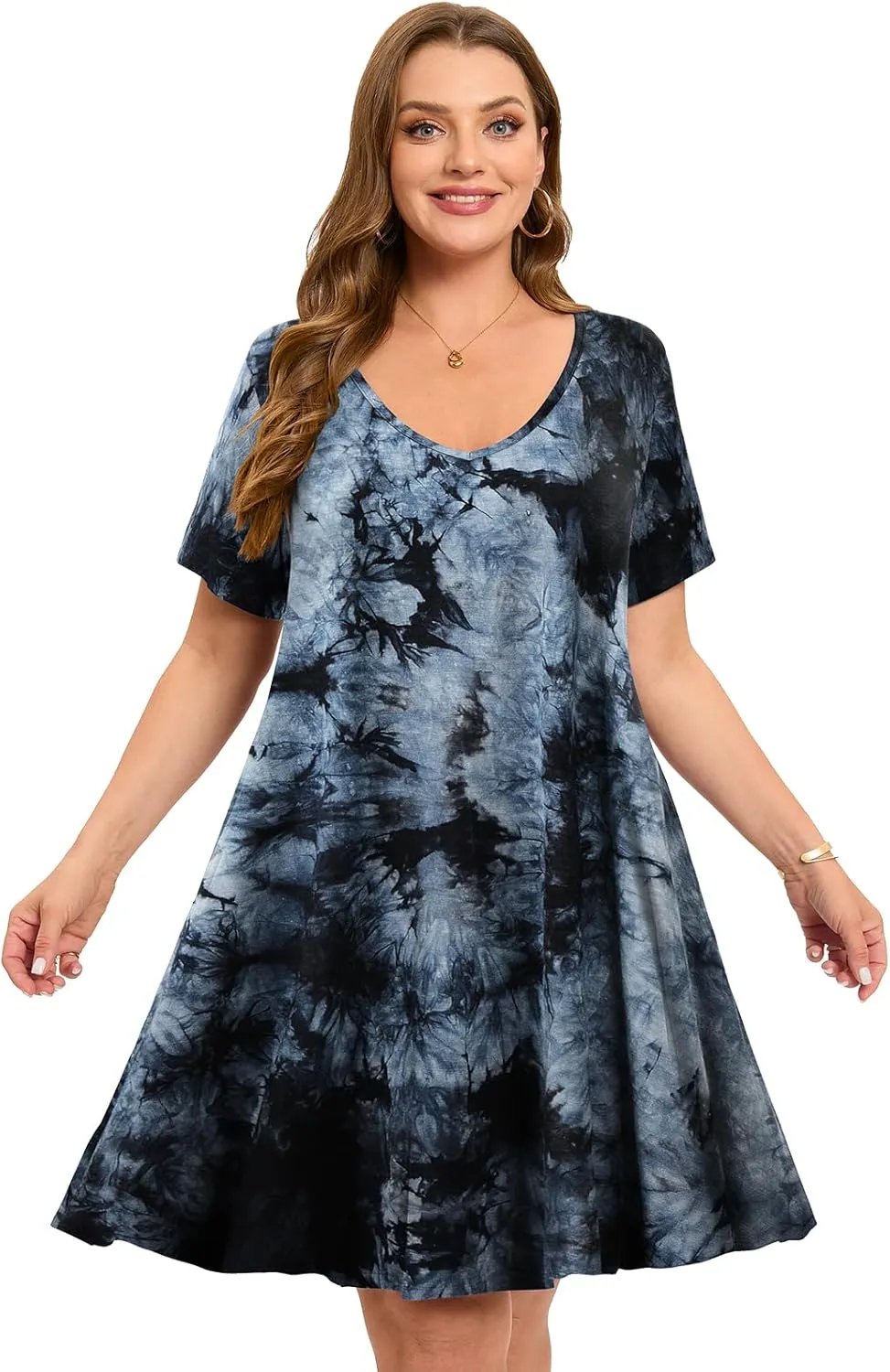 ZENNILO Women's Plus Size Swing Dress with Pockets Casual Summer Dresses V Neck Short Sleeve T Shirt Dress for Women