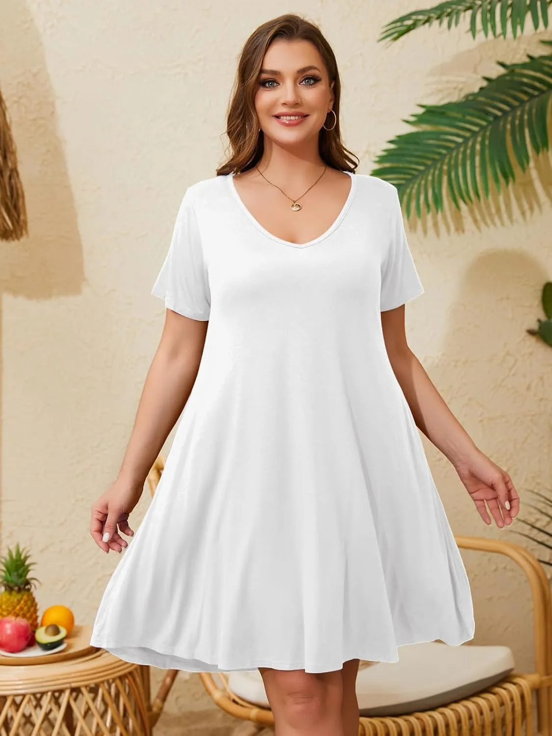 ZENNILO Women's Plus Size Swing Dress with Pockets Casual Summer Dresses V Neck Short Sleeve T Shirt Dress for Women