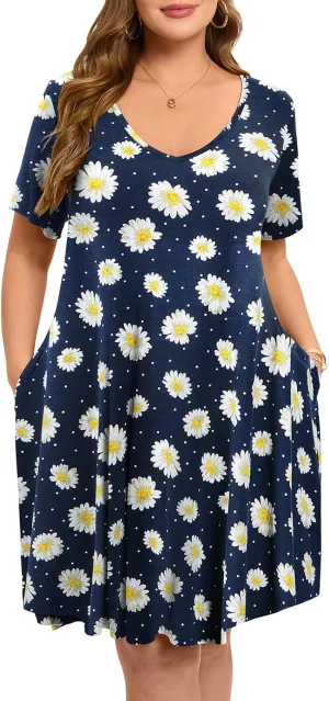 ZENNILO Women's Plus Size Swing Dress with Pockets Casual Summer Dresses V Neck Short Sleeve T Shirt Dress for Women