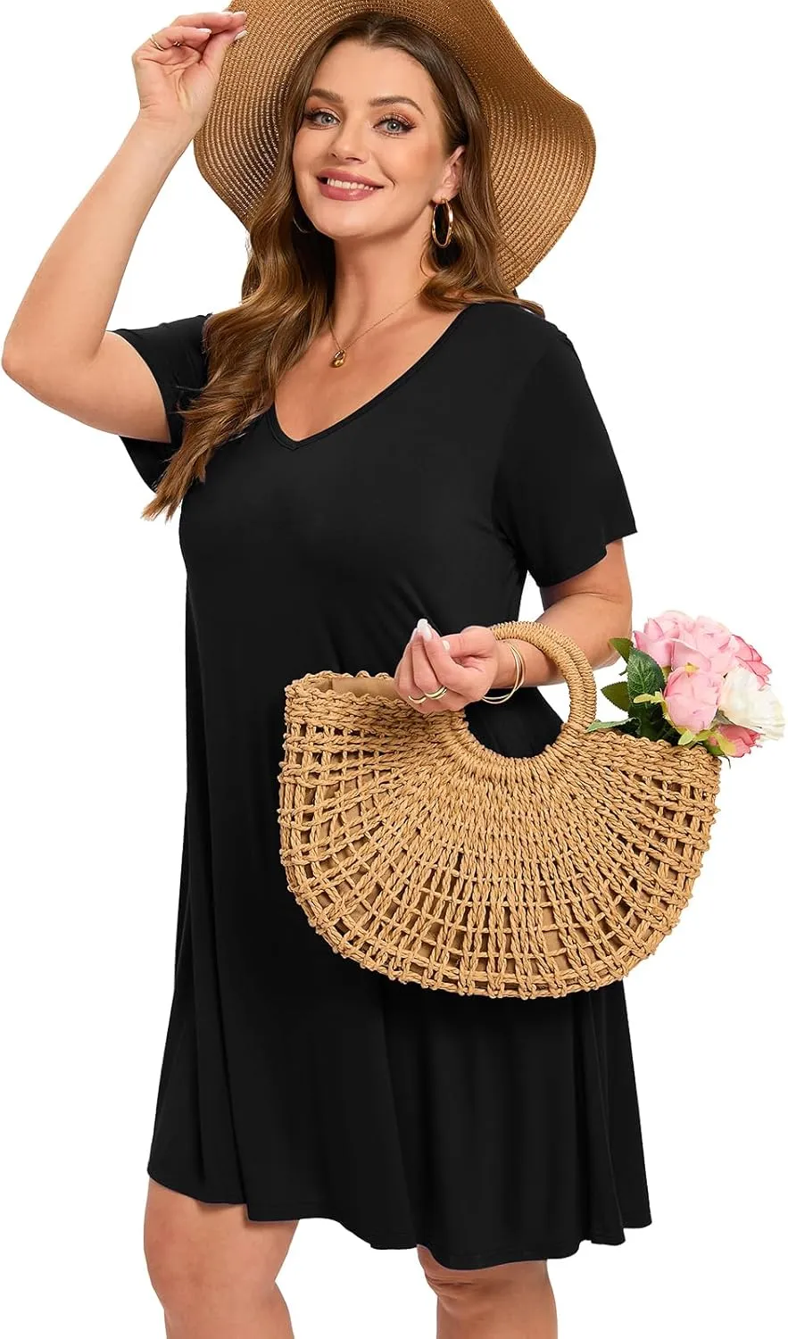 ZENNILO Women's Plus Size Swing Dress with Pockets Casual Summer Dresses V Neck Short Sleeve T Shirt Dress for Women
