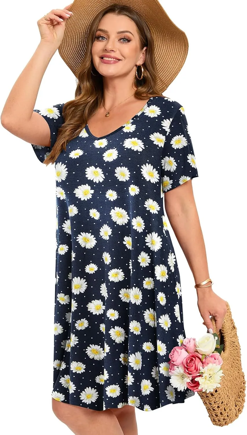 ZENNILO Women's Plus Size Swing Dress with Pockets Casual Summer Dresses V Neck Short Sleeve T Shirt Dress for Women