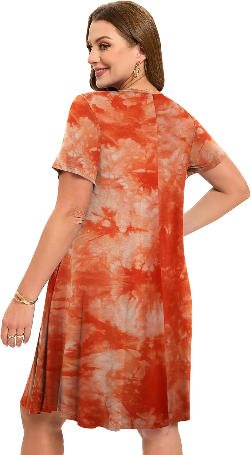 ZENNILO Women's Plus Size Swing Dress with Pockets Casual Summer Dresses V Neck Short Sleeve T Shirt Dress for Women