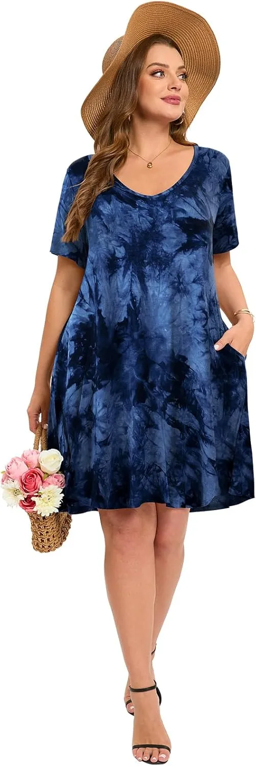 ZENNILO Women's Plus Size Swing Dress with Pockets Casual Summer Dresses V Neck Short Sleeve T Shirt Dress for Women