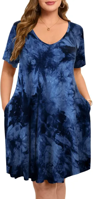 ZENNILO Women's Plus Size Swing Dress with Pockets Casual Summer Dresses V Neck Short Sleeve T Shirt Dress for Women