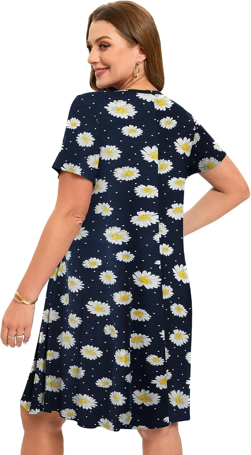 ZENNILO Women's Plus Size Swing Dress with Pockets Casual Summer Dresses V Neck Short Sleeve T Shirt Dress for Women