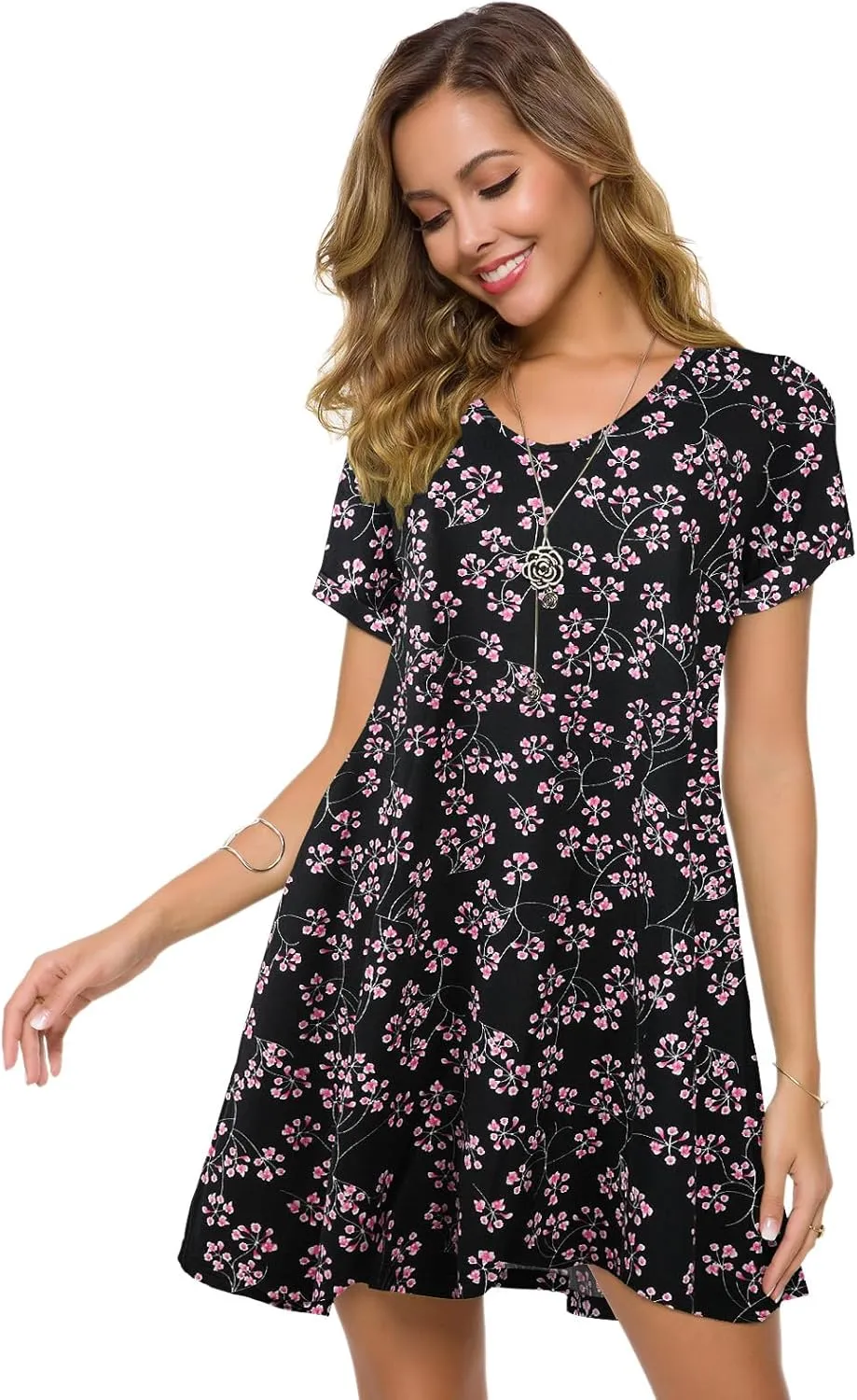 ZENNILO Women's Plus Size T Shirt Dresses with Pockets Casual Summer Dresses V Neck Short Sleeve Swing Dress for Women