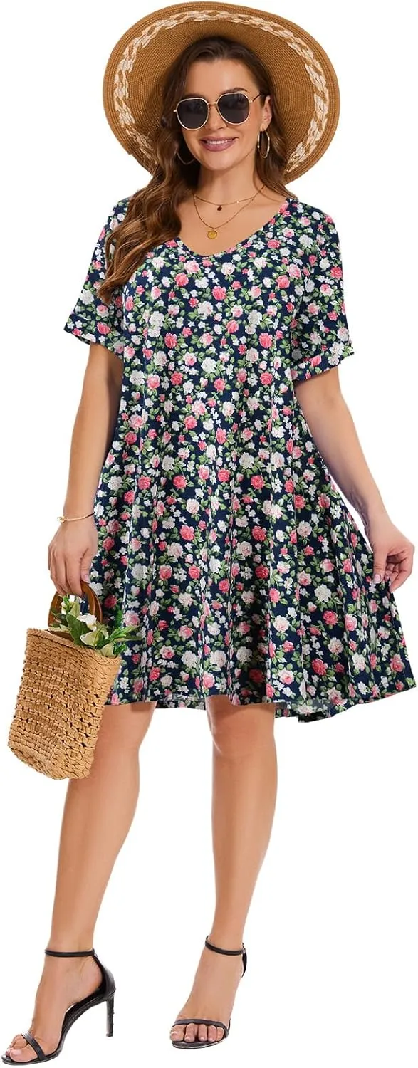 ZENNILO Women's Plus Size T Shirt Dresses with Pockets Casual Summer Dresses V Neck Short Sleeve Swing Dress for Women