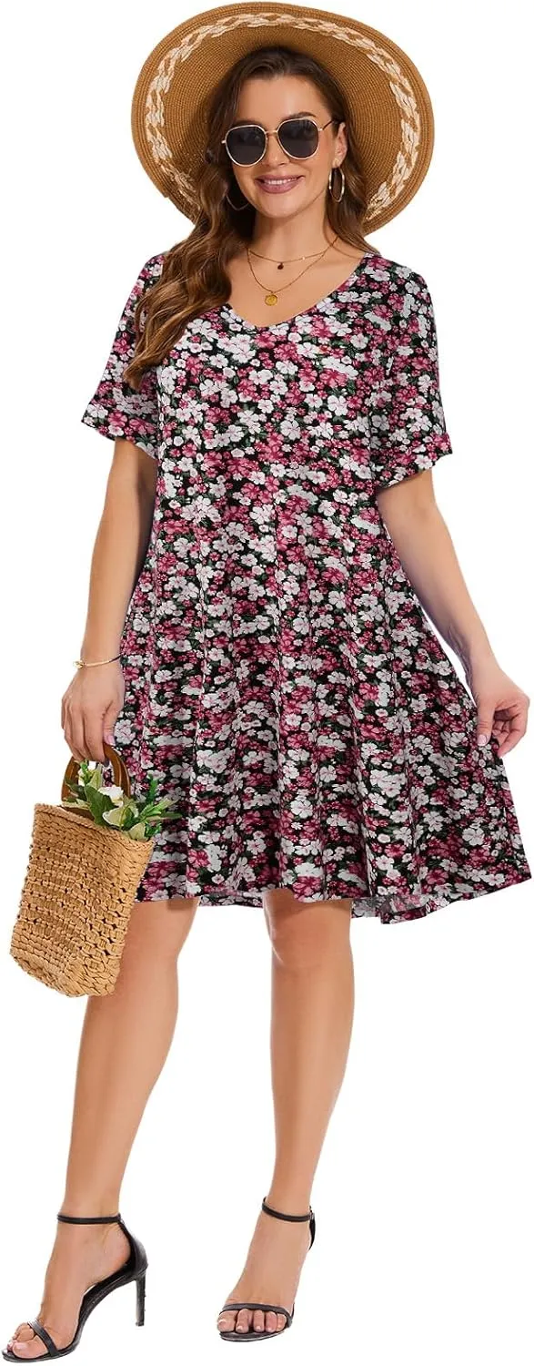 ZENNILO Women's Plus Size T Shirt Dresses with Pockets Casual Summer Dresses V Neck Short Sleeve Swing Dress for Women