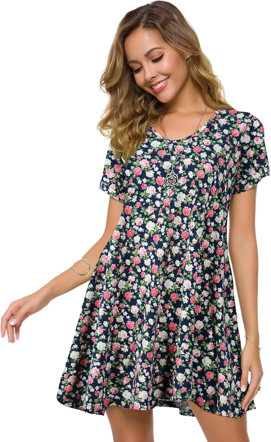 ZENNILO Women's Plus Size T Shirt Dresses with Pockets Casual Summer Dresses V Neck Short Sleeve Swing Dress for Women