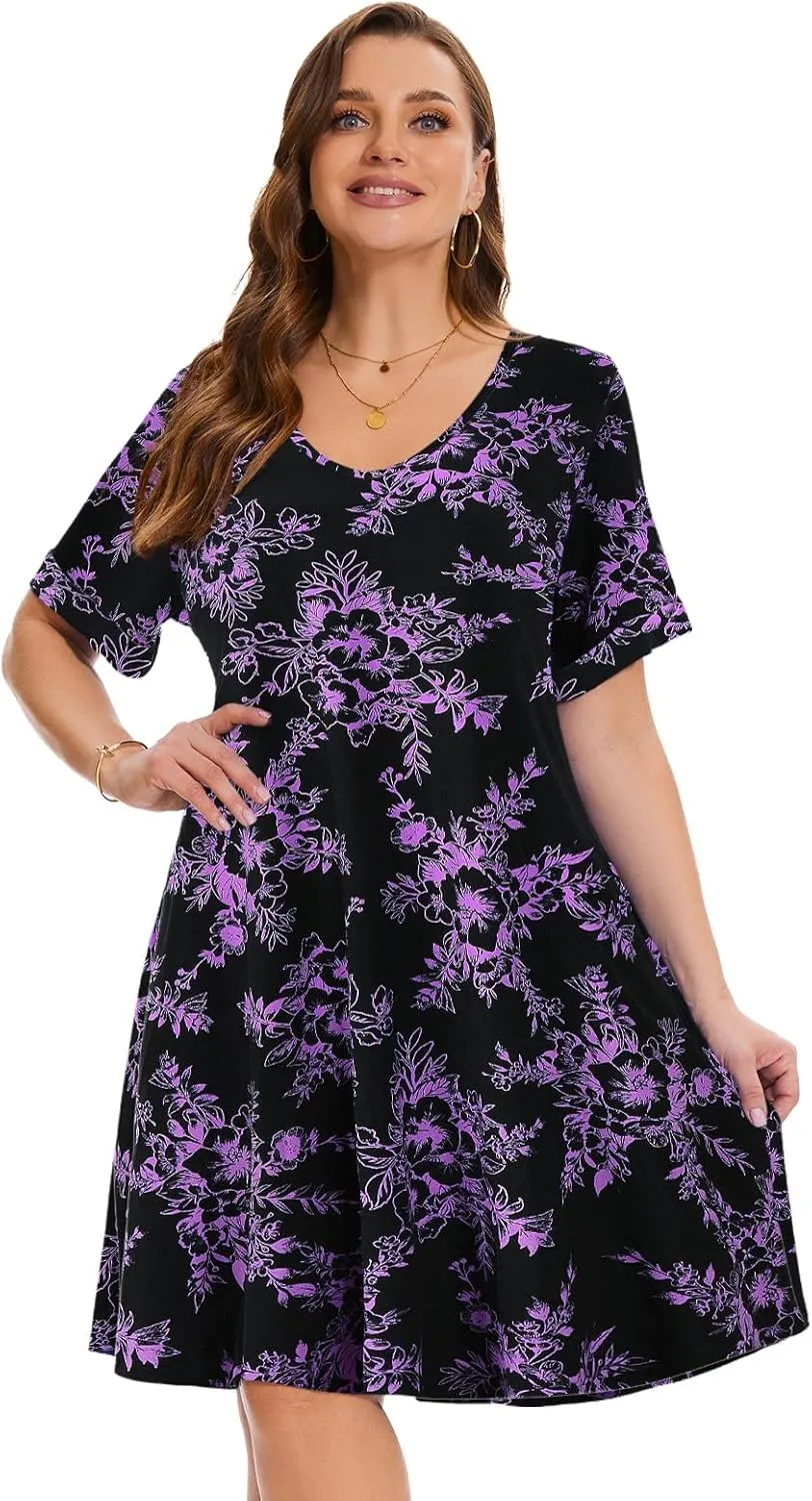 ZENNILO Women's Plus Size T Shirt Dresses with Pockets Casual Summer Dresses V Neck Short Sleeve Swing Dress for Women