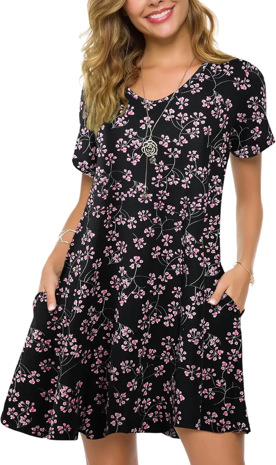 ZENNILO Women's Plus Size T Shirt Dresses with Pockets Casual Summer Dresses V Neck Short Sleeve Swing Dress for Women