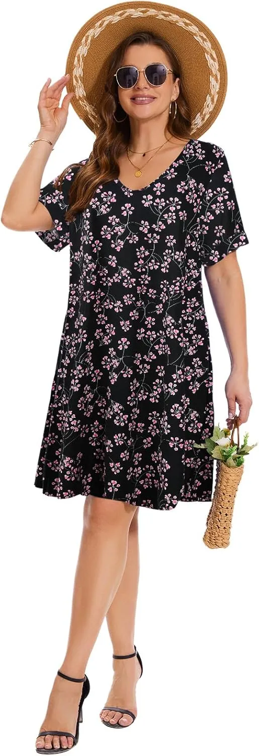 ZENNILO Women's Plus Size T Shirt Dresses with Pockets Casual Summer Dresses V Neck Short Sleeve Swing Dress for Women