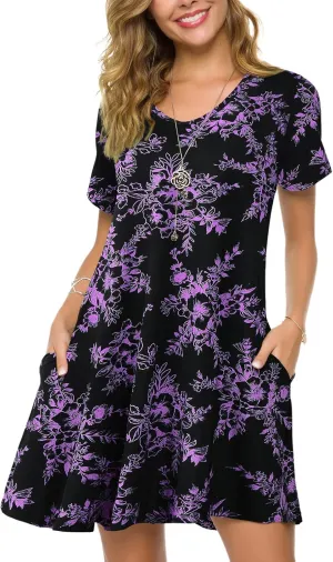 ZENNILO Women's Plus Size T Shirt Dresses with Pockets Casual Summer Dresses V Neck Short Sleeve Swing Dress for Women