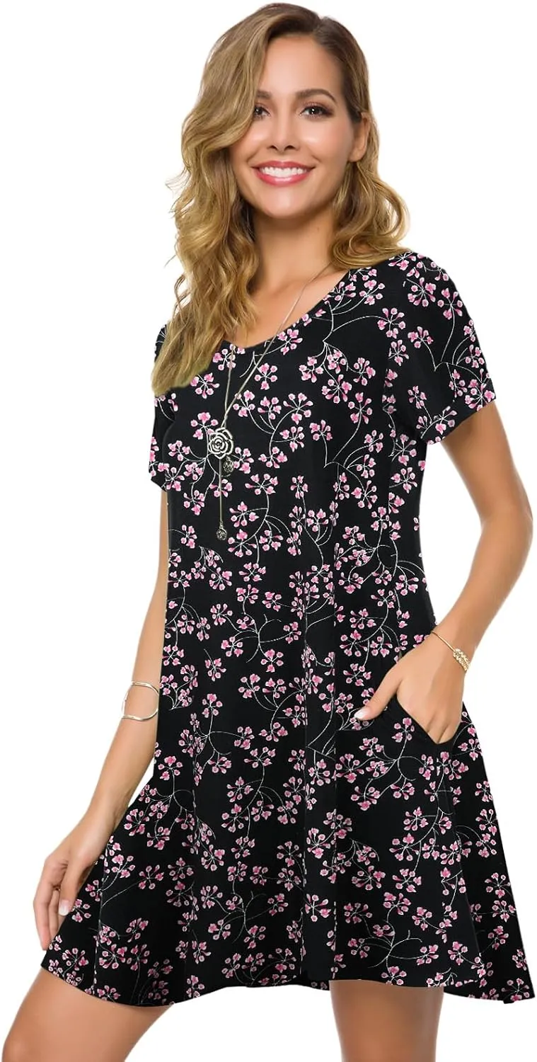 ZENNILO Women's Plus Size T Shirt Dresses with Pockets Casual Summer Dresses V Neck Short Sleeve Swing Dress for Women