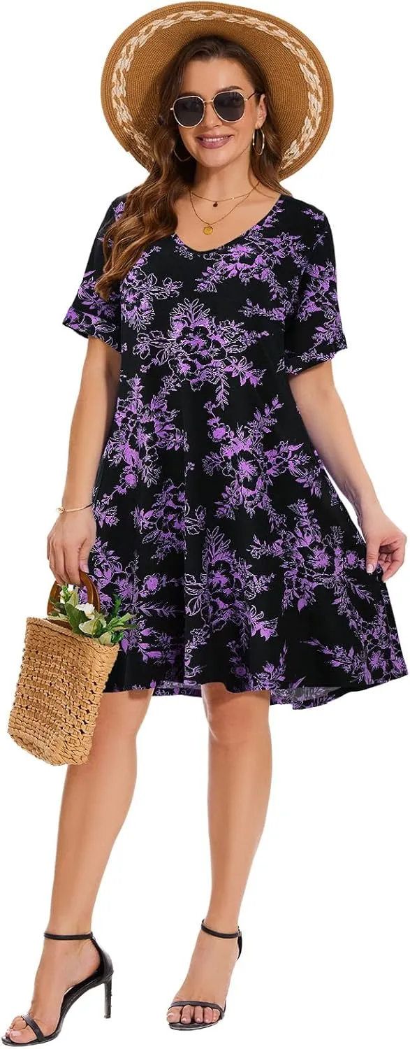 ZENNILO Women's Plus Size T Shirt Dresses with Pockets Casual Summer Dresses V Neck Short Sleeve Swing Dress for Women