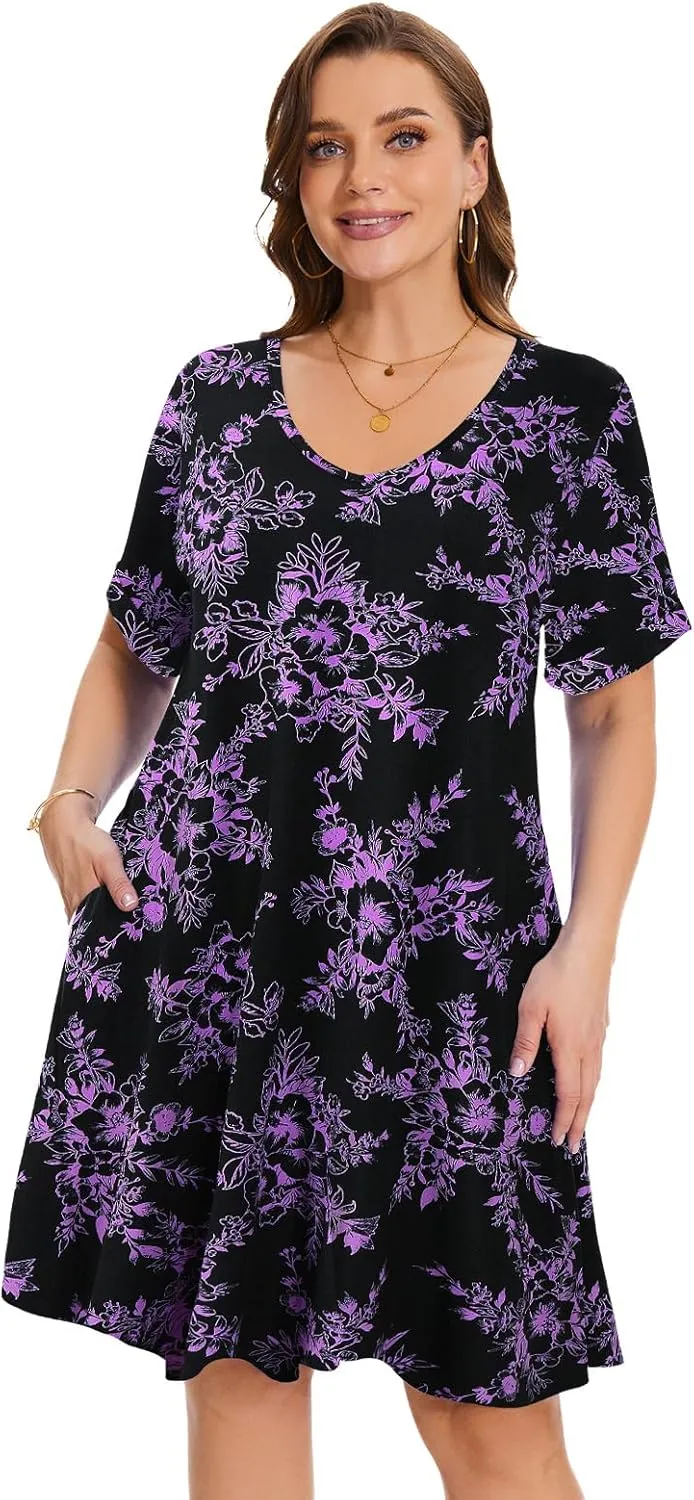 ZENNILO Women's Plus Size T Shirt Dresses with Pockets Casual Summer Dresses V Neck Short Sleeve Swing Dress for Women