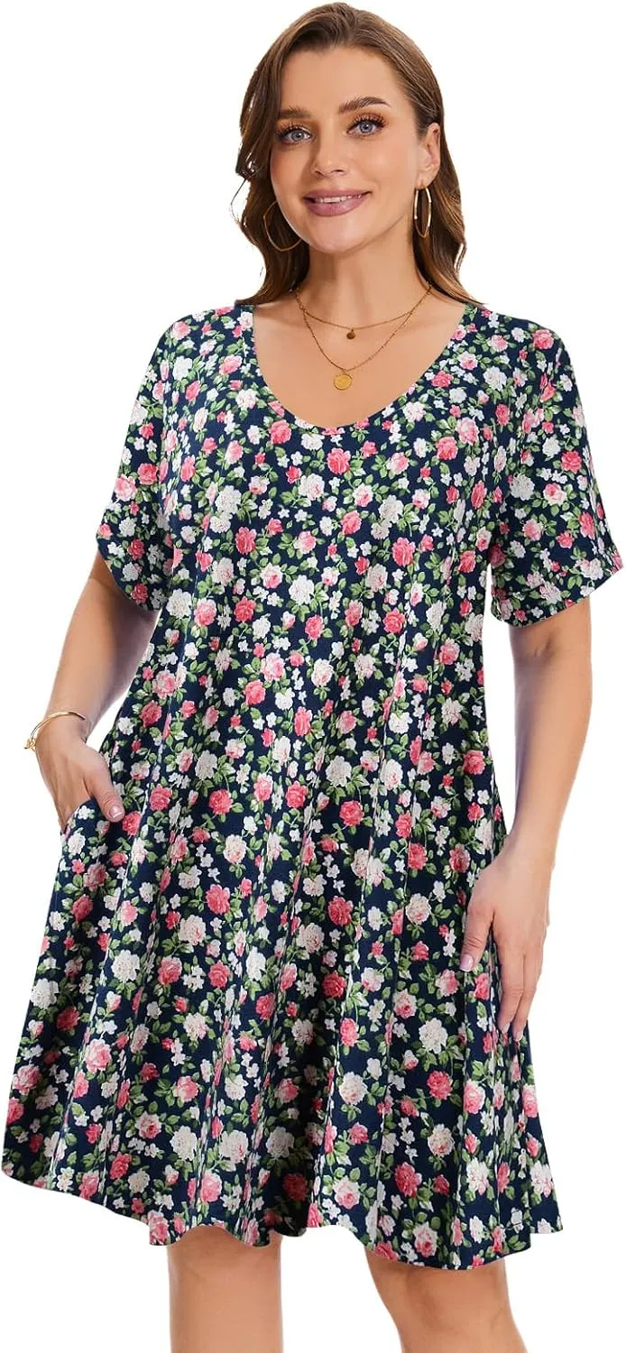 ZENNILO Women's Plus Size T Shirt Dresses with Pockets Casual Summer Dresses V Neck Short Sleeve Swing Dress for Women