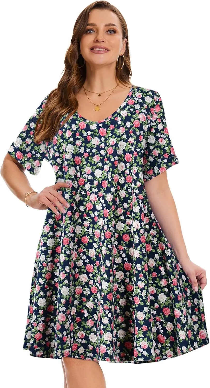 ZENNILO Women's Plus Size T Shirt Dresses with Pockets Casual Summer Dresses V Neck Short Sleeve Swing Dress for Women