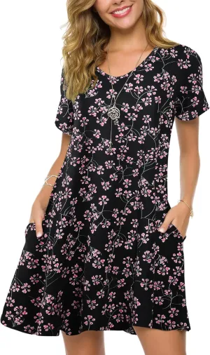 ZENNILO Women's Plus Size T Shirt Dresses with Pockets Casual Summer Dresses V Neck Short Sleeve Swing Dress for Women