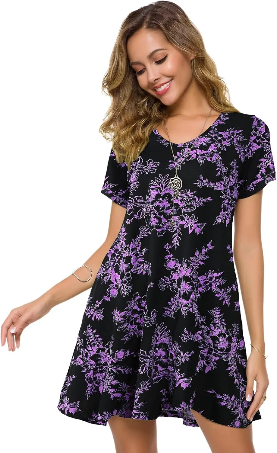 ZENNILO Women's Plus Size T Shirt Dresses with Pockets Casual Summer Dresses V Neck Short Sleeve Swing Dress for Women