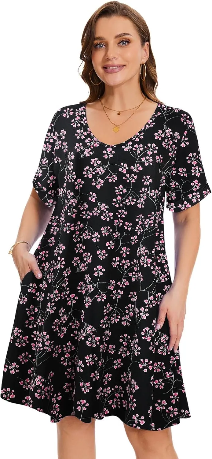 ZENNILO Women's Plus Size T Shirt Dresses with Pockets Casual Summer Dresses V Neck Short Sleeve Swing Dress for Women