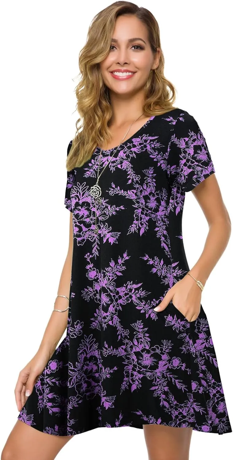 ZENNILO Women's Plus Size T Shirt Dresses with Pockets Casual Summer Dresses V Neck Short Sleeve Swing Dress for Women