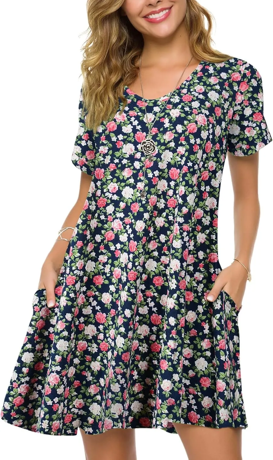 ZENNILO Women's Plus Size T Shirt Dresses with Pockets Casual Summer Dresses V Neck Short Sleeve Swing Dress for Women