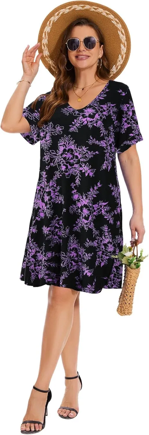ZENNILO Women's Plus Size T Shirt Dresses with Pockets Casual Summer Dresses V Neck Short Sleeve Swing Dress for Women
