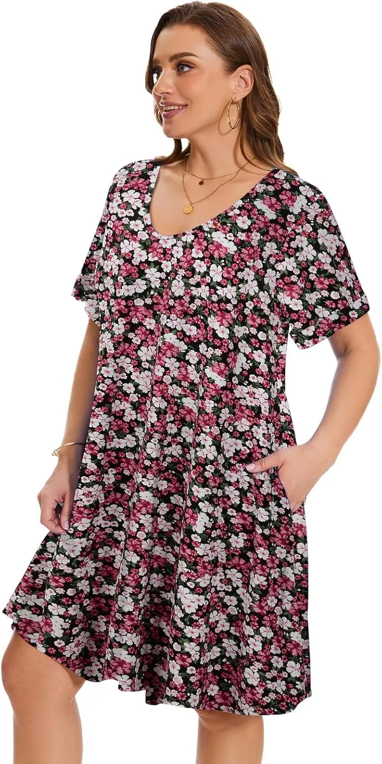 ZENNILO Women's Plus Size T Shirt Dresses with Pockets Casual Summer Dresses V Neck Short Sleeve Swing Dress for Women