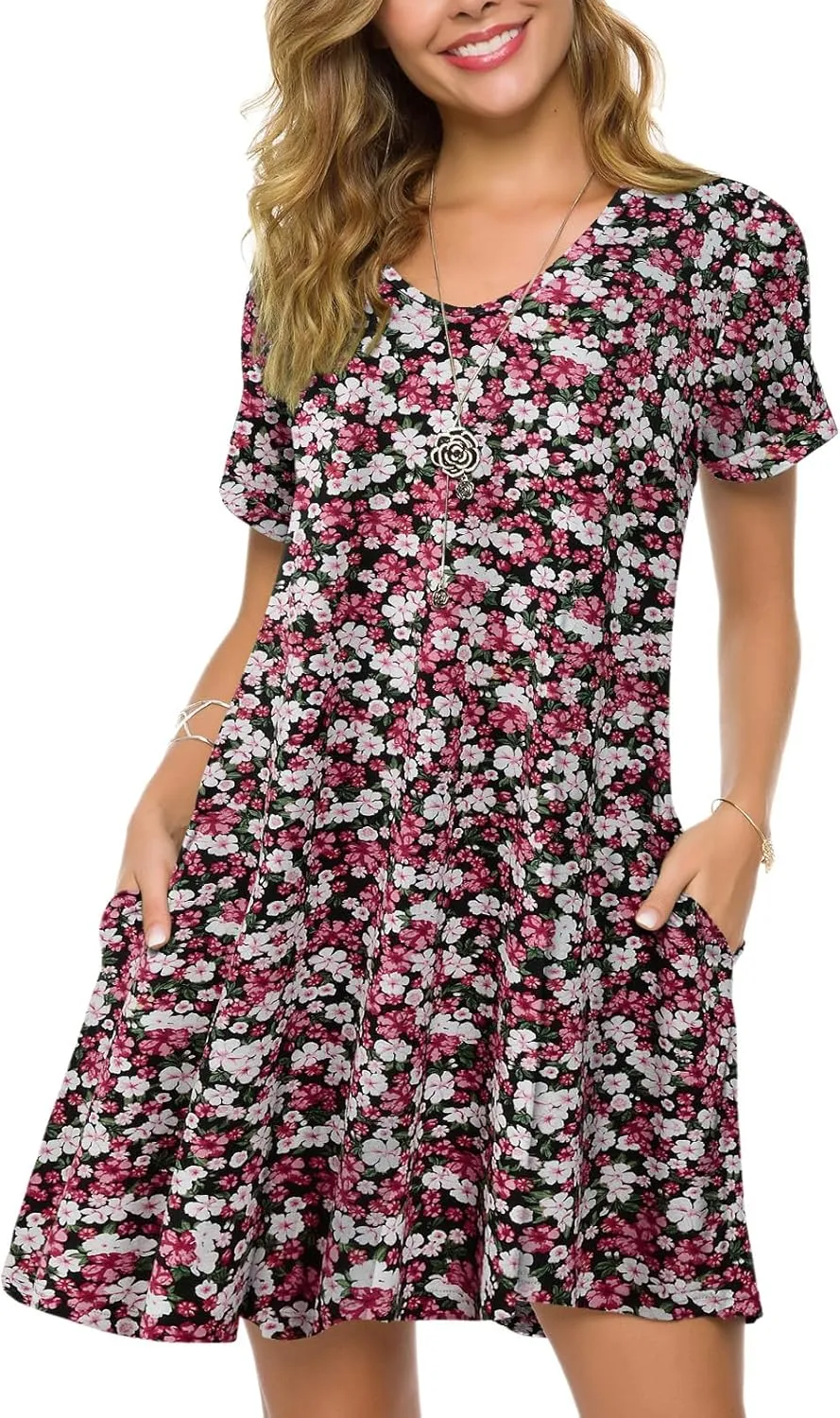 ZENNILO Women's Plus Size T Shirt Dresses with Pockets Casual Summer Dresses V Neck Short Sleeve Swing Dress for Women