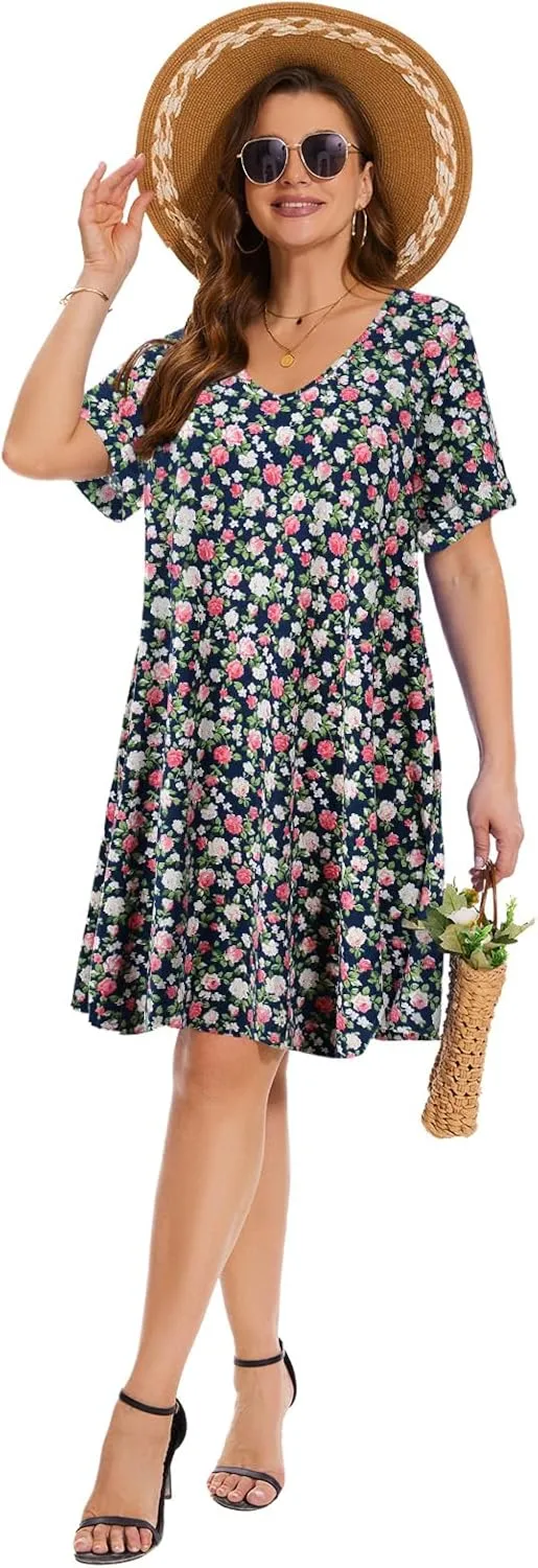 ZENNILO Women's Plus Size T Shirt Dresses with Pockets Casual Summer Dresses V Neck Short Sleeve Swing Dress for Women
