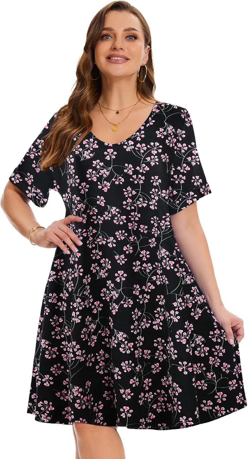 ZENNILO Women's Plus Size T Shirt Dresses with Pockets Casual Summer Dresses V Neck Short Sleeve Swing Dress for Women