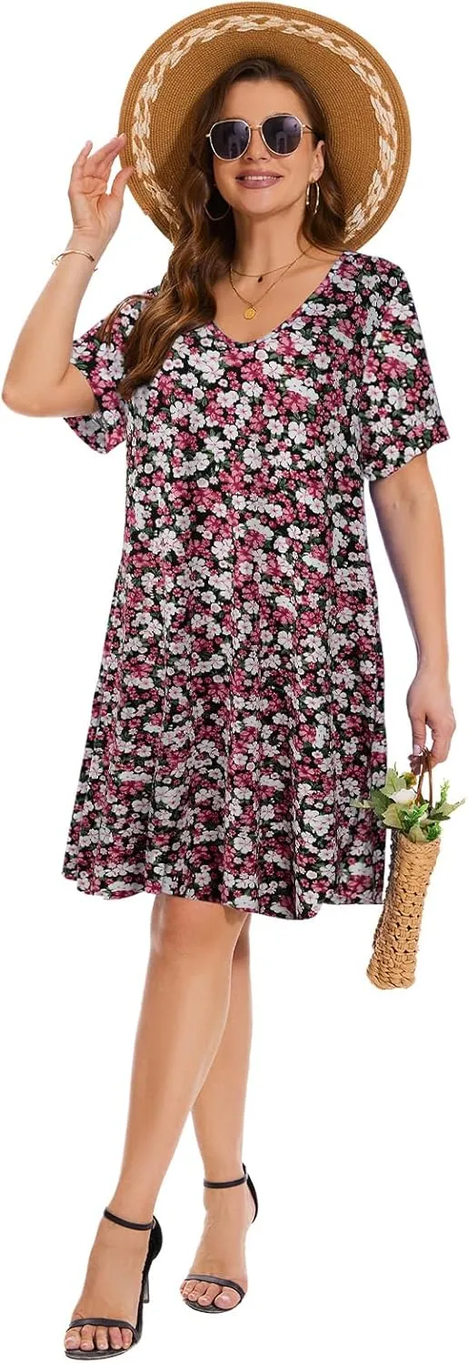 ZENNILO Women's Plus Size T Shirt Dresses with Pockets Casual Summer Dresses V Neck Short Sleeve Swing Dress for Women