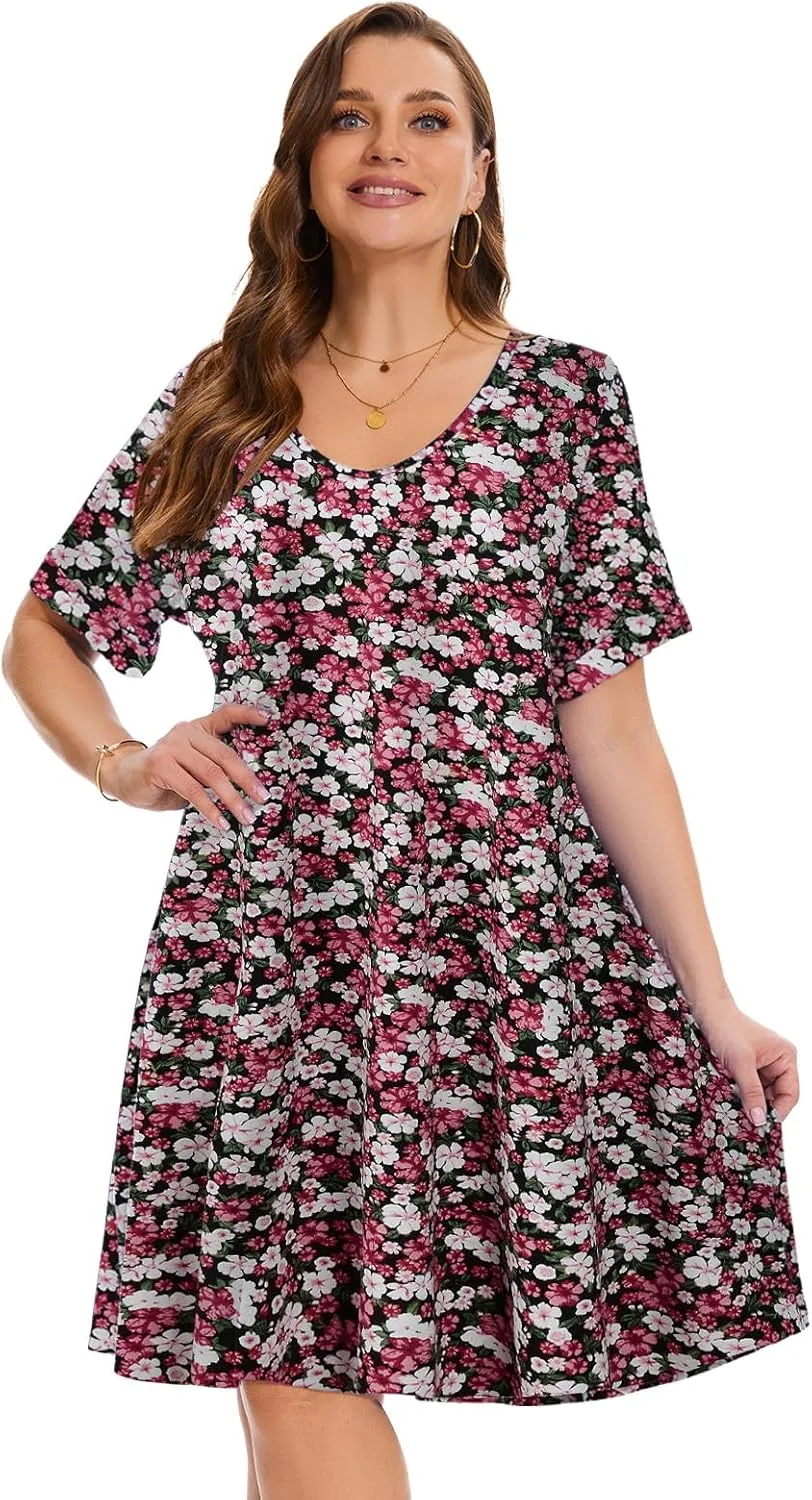 ZENNILO Women's Plus Size T Shirt Dresses with Pockets Casual Summer Dresses V Neck Short Sleeve Swing Dress for Women