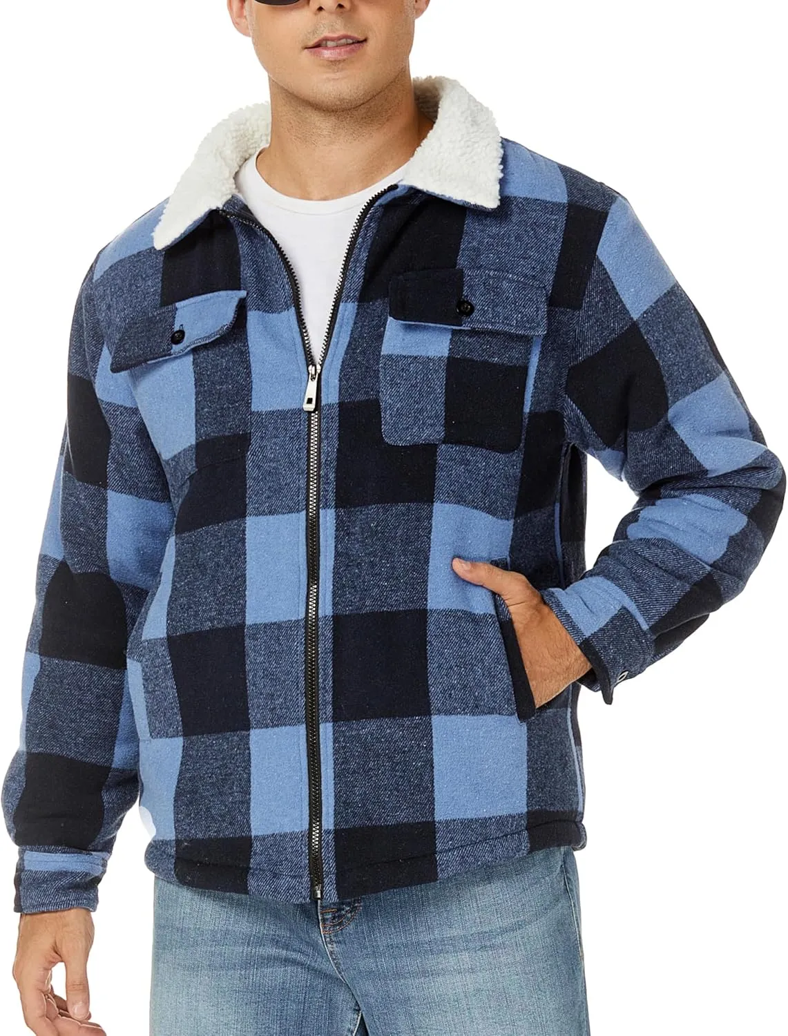 ZITY Mens Flannel Jacket Lapel Full Zip Up Fleece Plaid Sherpa Lined Coat