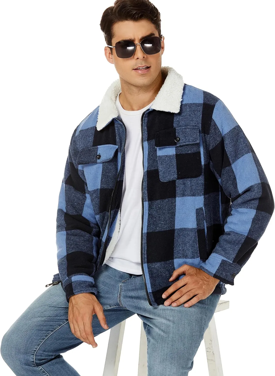 ZITY Mens Flannel Jacket Lapel Full Zip Up Fleece Plaid Sherpa Lined Coat