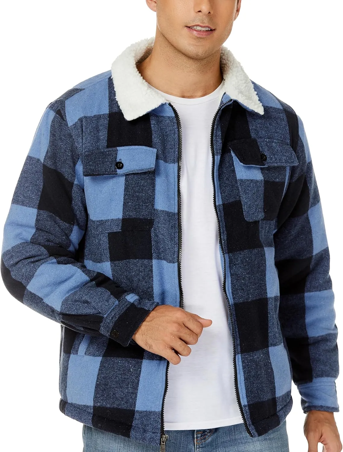 ZITY Mens Flannel Jacket Lapel Full Zip Up Fleece Plaid Sherpa Lined Coat