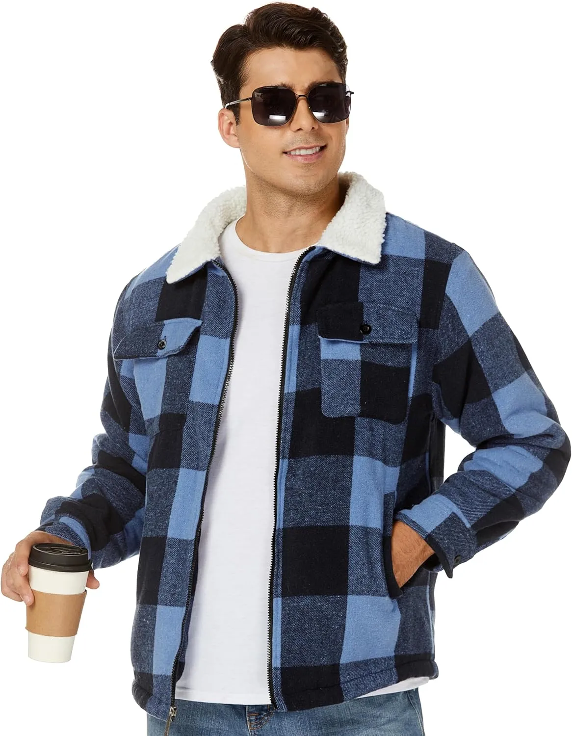 ZITY Mens Flannel Jacket Lapel Full Zip Up Fleece Plaid Sherpa Lined Coat